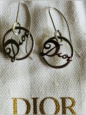 Authentic Dior Polished Silver Script Hoop Drop Earrings
